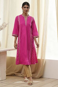 Fuchsia Cotton Printed A-Line Kurta image number 5