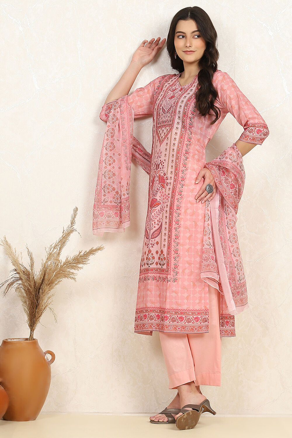 Pink Cotton Digital Print Unstitched Suit Set image number 1