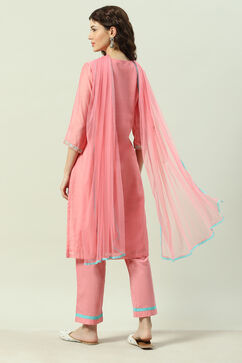 Blush Peach Yarndyed A-Line Kurta Regular Pant Suit Set image number 4