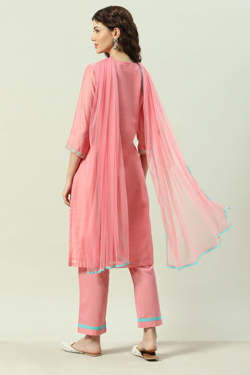 Turquoise Yarndyed A-Line Kurta Regular Pants Suit Set image number 4