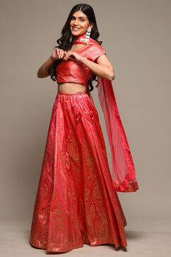 Coral Pink Cotton Blend Lehenga Set image number 5