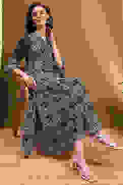 Blue Georgette Floral Printed Flared Dress image number 0