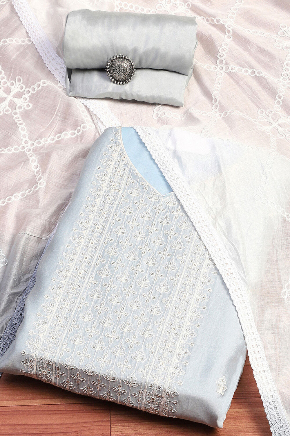 Grey Silk Blend Machine Embroidered Unstitched Suit Set image number 0