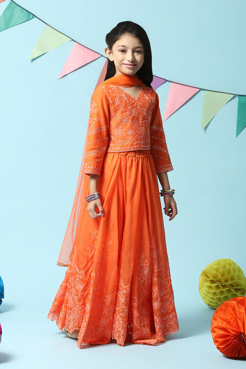 Orange Cotton Blend Short Top Lehenga Set image number 6