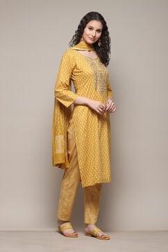 Yellow Cotton Machine Embroidered Unstitched Suit Set image number 7