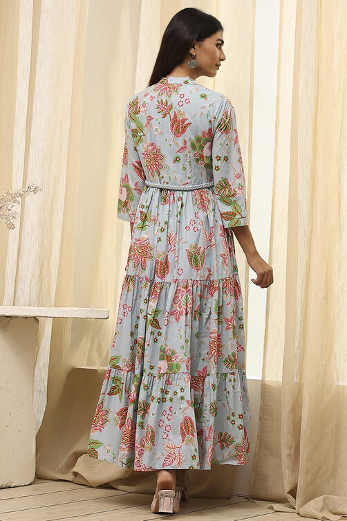 Earthy Blue Cotton Floral Tiered Dress image number 4