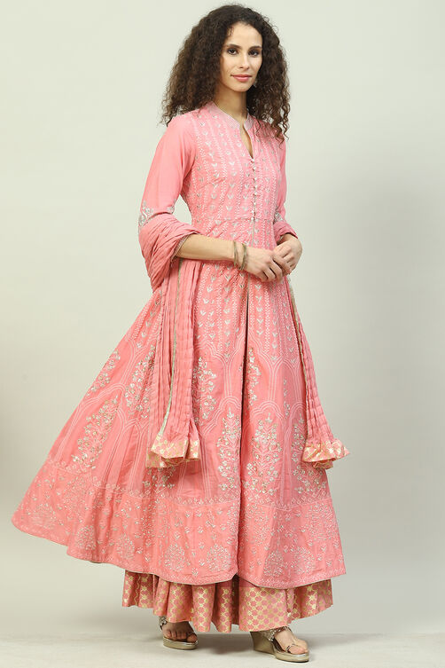 Off White Cotton Anarkali Kurta Lehenga Suit Set image number 6