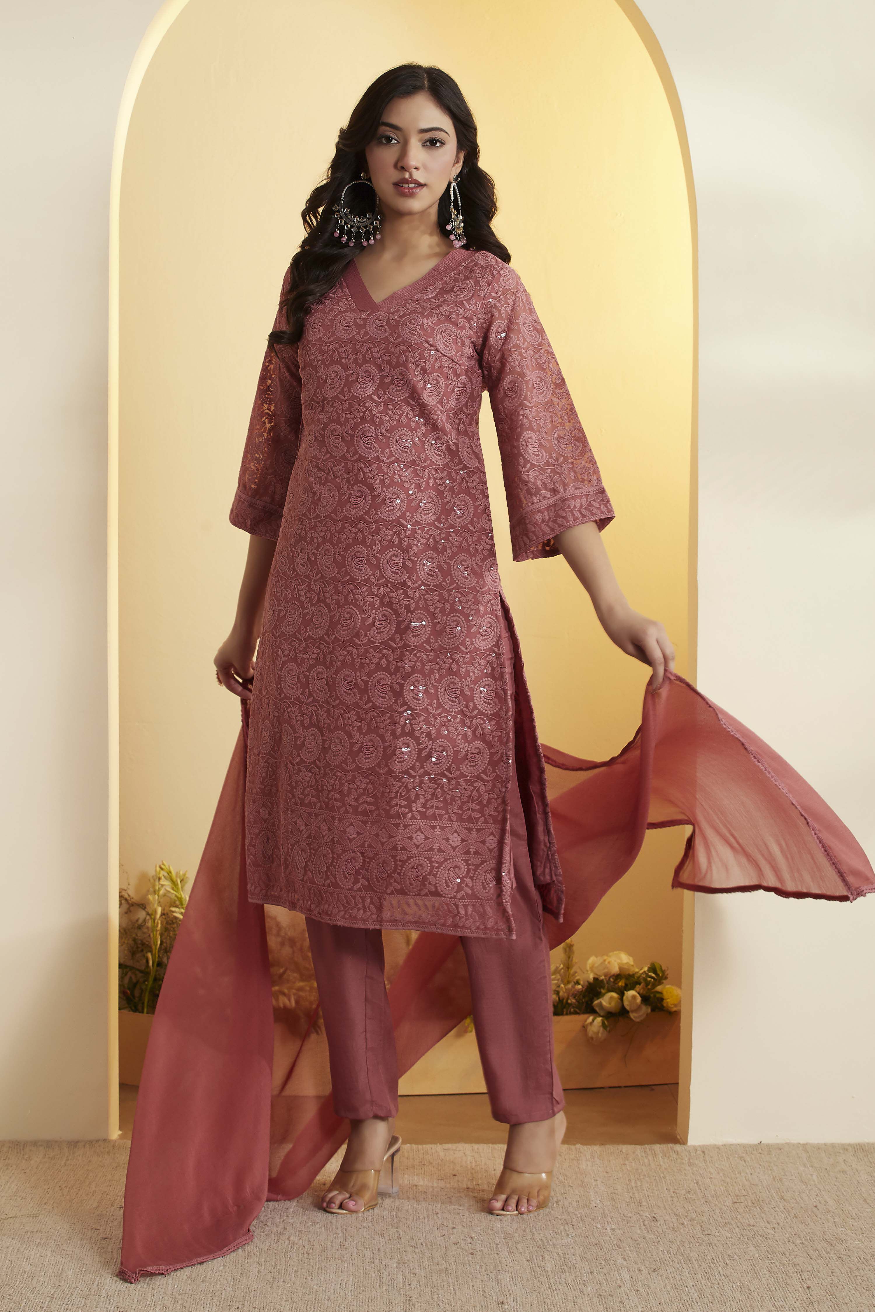 Dusty Rose Printed Straight Kurta Set image number 0