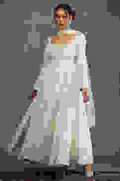 Rohit Bal Cream-Toned Silk Chanderi Floral Anarkali Suit Set image number 2