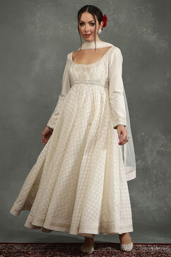 Rohit Bal Cream-Toned Silk Chanderi Floral Anarkali Suit Set image number 2