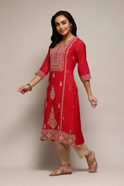 Pink Polyester Straight Yarndyed Kurta image number 2