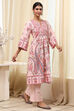 Peach-Colored Cotton Floral A-Line Kurta Set image number 0