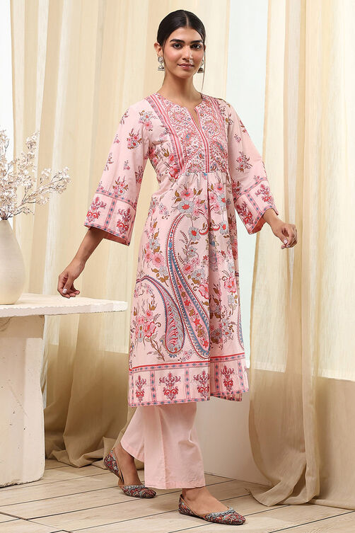 Peach-Colored Cotton Floral A-Line Kurta Set image number 0