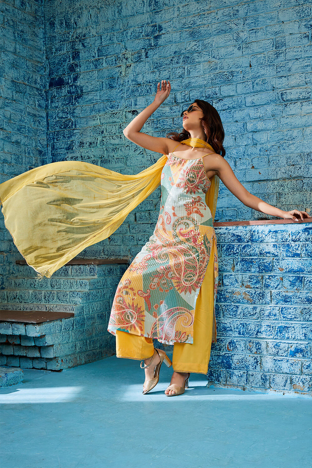 Yellow Printed Sequined Kurta & Palazzo Suit Set image number 0