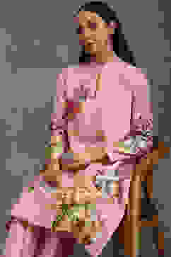 Rohit Bal Light Pink Silk Chanderi Floral Straight Kurta Set image number 5