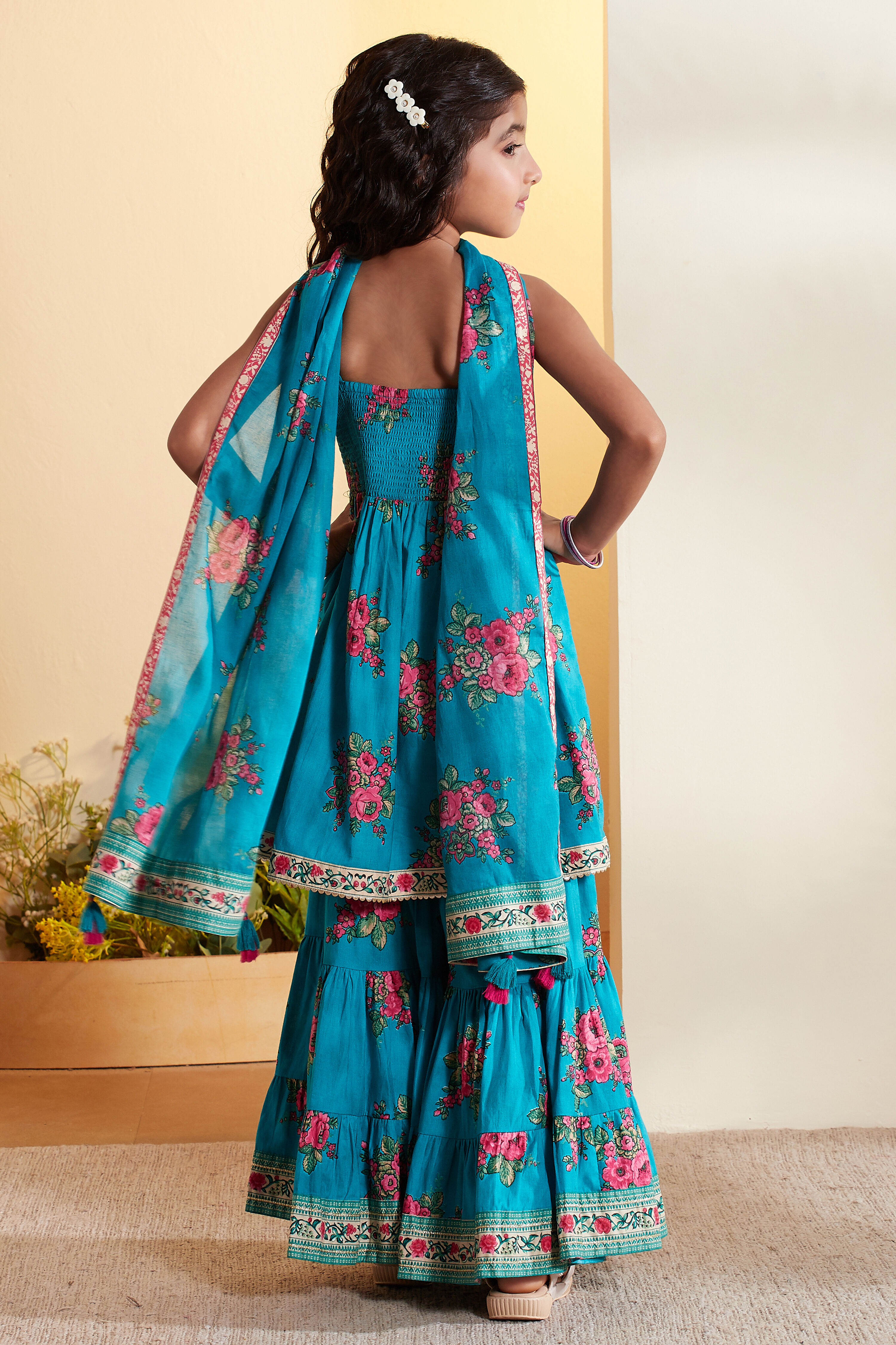 Blue Cotton Floral Printed Peplum Garara Kurta Set image number 5