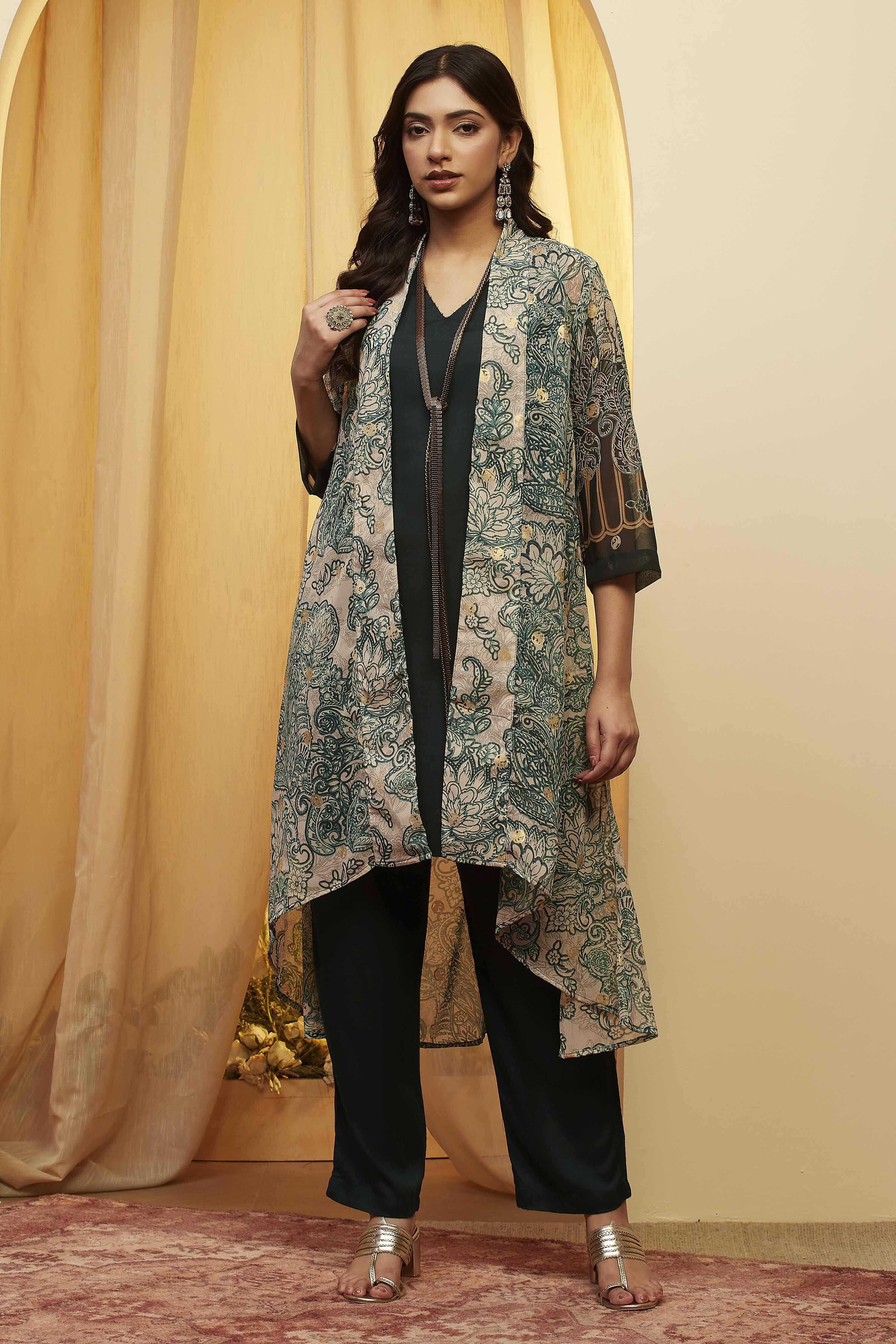 Green Viscose Rayon Straight Fusion Set image number 7