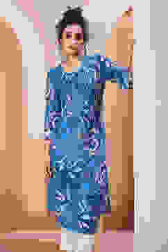 Electric Blue Viscose Straight Kurta image number 5