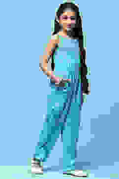 Aqua Printed Rayon Strappy Jumpsuit With Embroidered Yoke image number 4