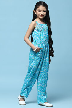 Aqua Printed Rayon Strappy Jumpsuit With Embroidered Yoke image number 4