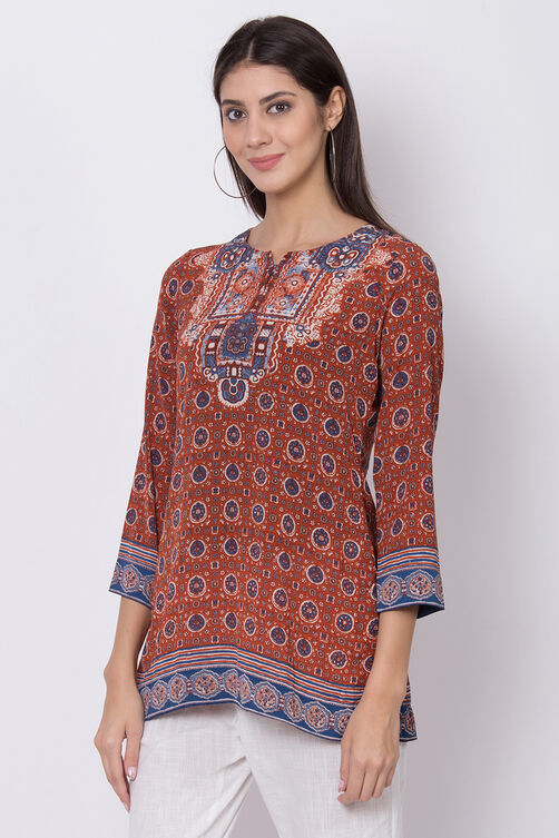 Rust Art Silk Straight Printed Kurti image number 2