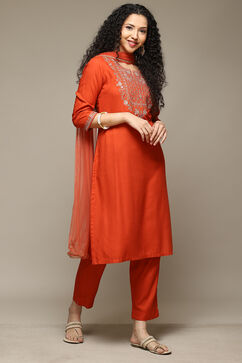 Burnt Orange Rayon Straight Kurta Pants Suit Set image number 6