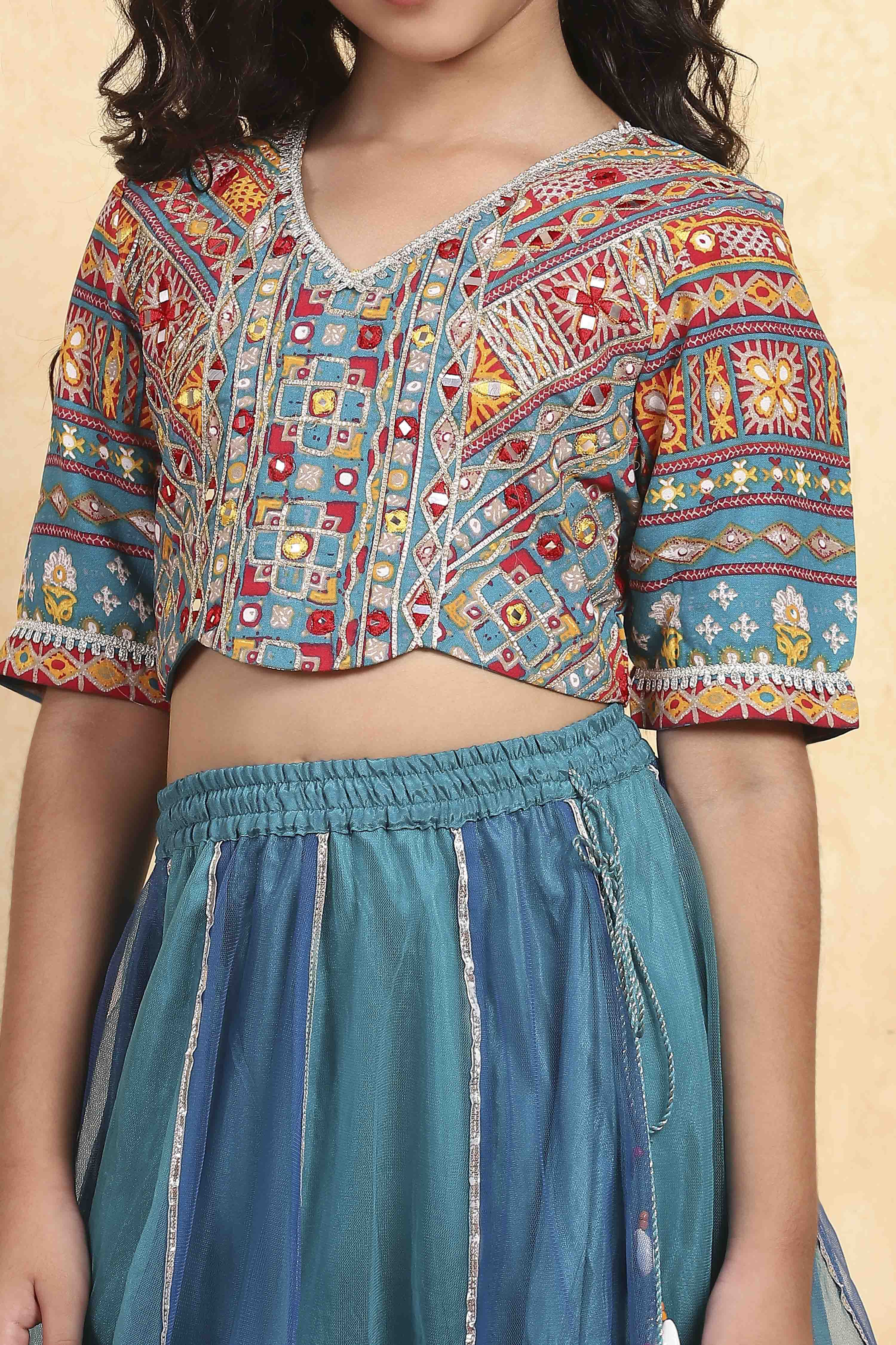 Blue Cotton Printed Kalidar Lehenga Set image number 1