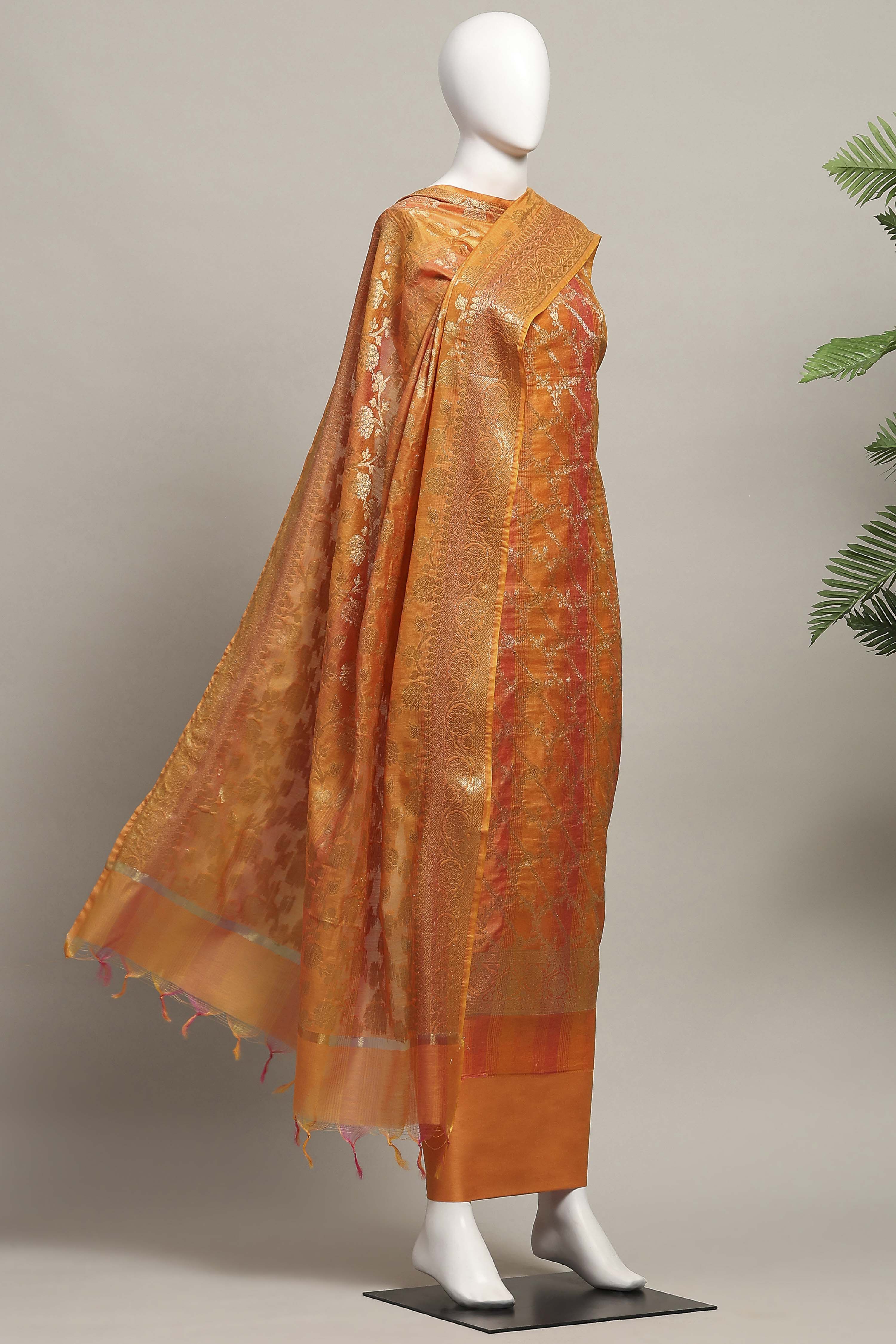 Rust Cotton Printed Embroidered Unstitched Suit Set image number 4