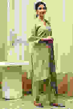 Green Linen Hand Painted Unstitched Suit Set image number 6