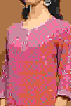 Coral Red Viscose Georgette Festive Straight Suit Set image number 1