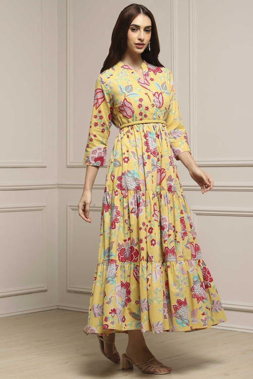 Earthy Blue Cotton Floral Tiered Dress image number 4