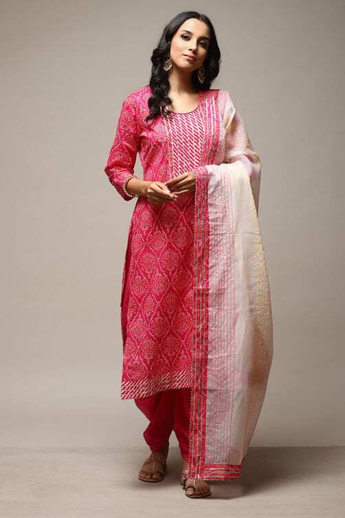 Pink Cotton Hand Block Print Unstitched Suit Set image number 8