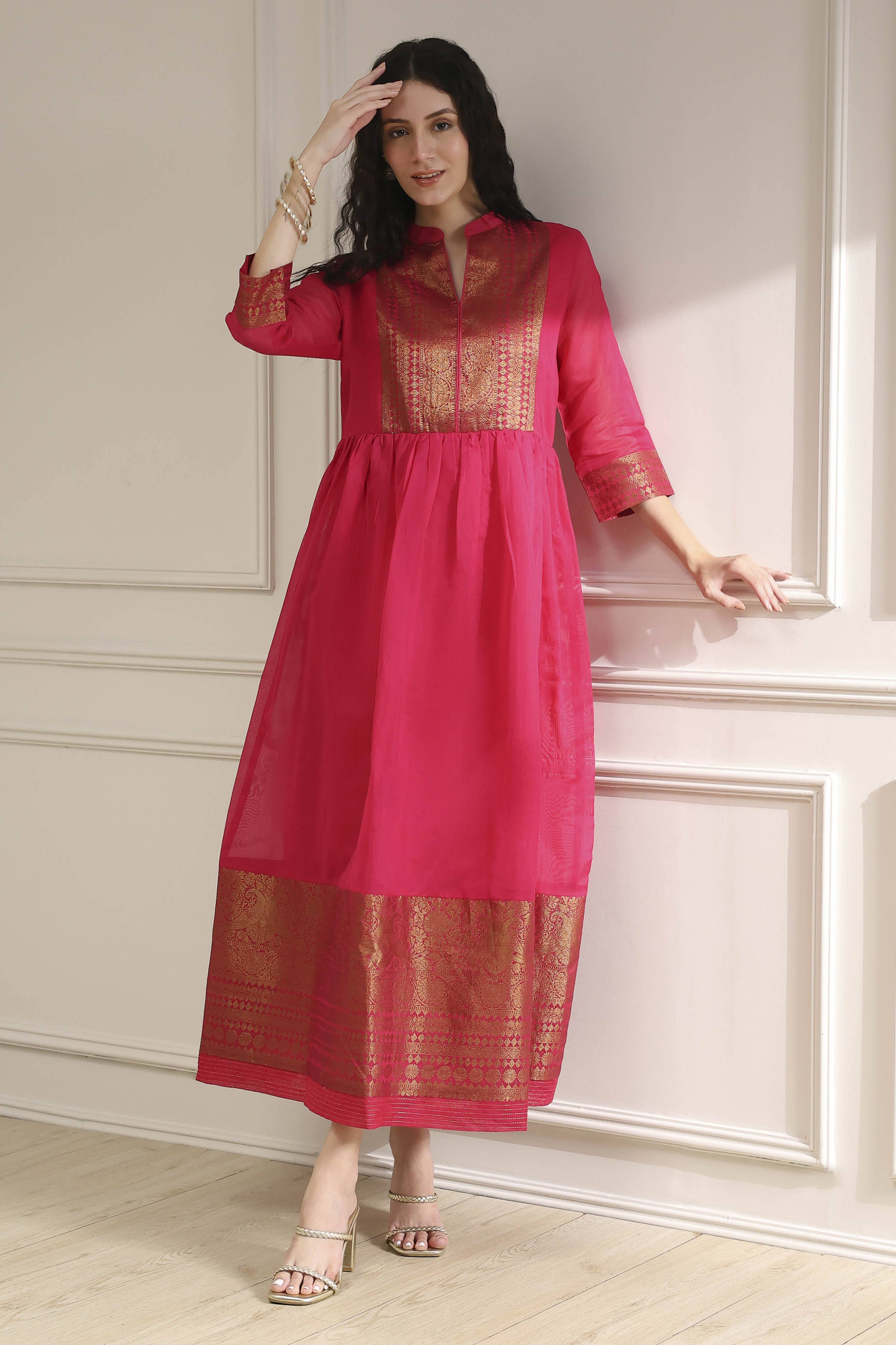 Fuchsia Yarn-Dyed Flared Kurta image number 0