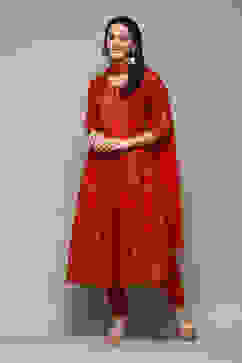 Red Cotton Anarkali Kurta Churidar Suit Set image number 5