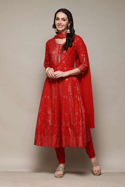 Red Cotton Anarkali Kurta Churidar Suit Set image number 5