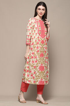 Pink Cotton Straight Kurta image number 4