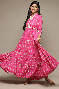 Pink Cotton Tiered Dress Embroidred Dress image number 0