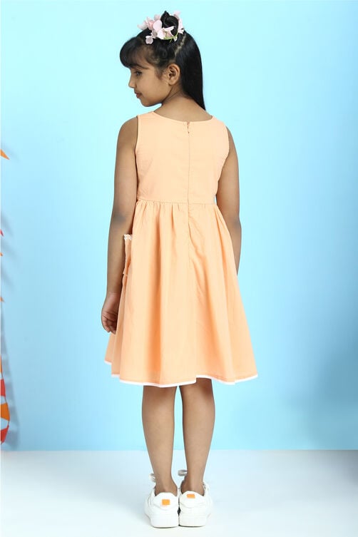 Orange Cotton Flared Embroidered Dress image number 6