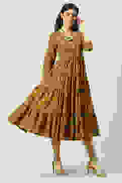 Ochre Cotton Printed Flared Tiered Dress image number 3
