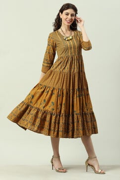 Ochre Cotton Flared Fusion Printed Dress image number 3