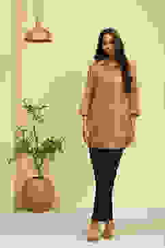 Beige Printed Shirt Style Straight Kurti image number 0