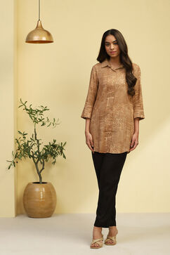 Beige Printed Shirt Style Straight Kurti image number 0