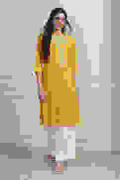 Yellow Cotton Solid Straight Kurta image number 5