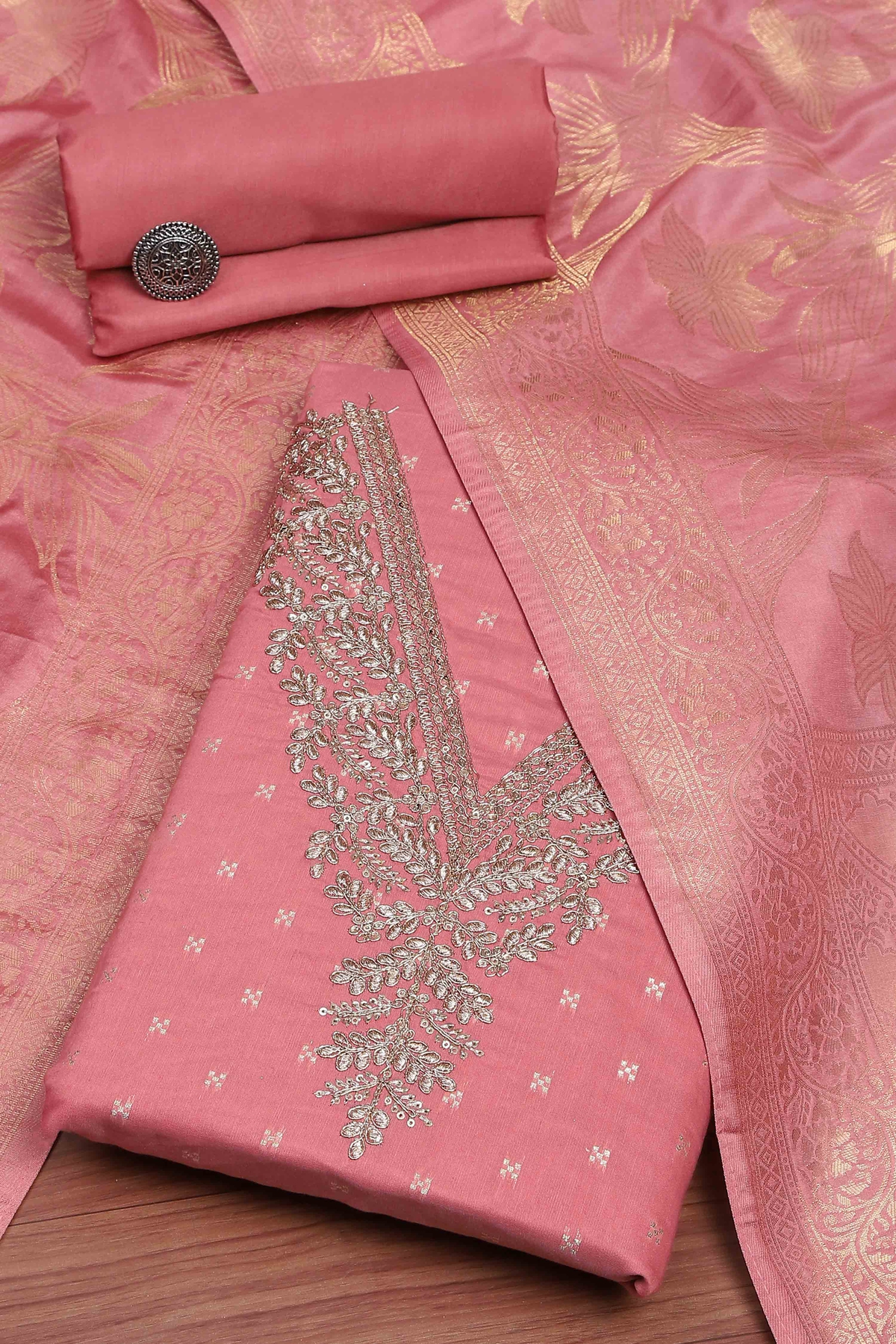 Peach Georgette Embroidered Unstitched Suit Set