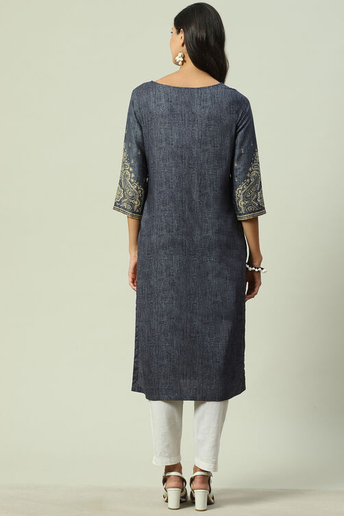 Blue Rayon Straight Printed Kurta image number 3