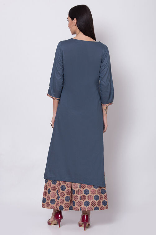 Dark Blue Cotton Straight Kurta Flared Palazzo Suit Set image number 5