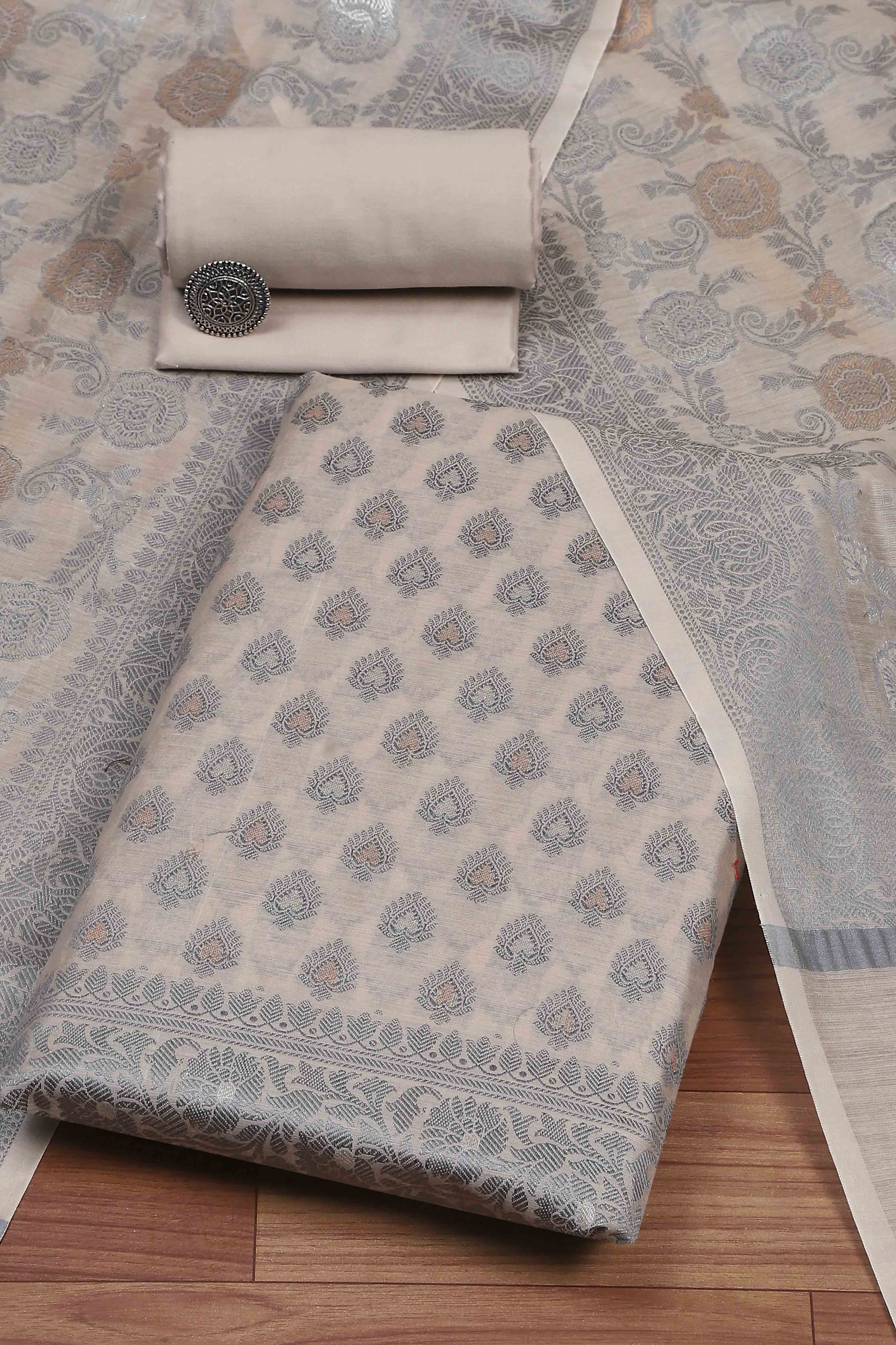 Beige Cotton Printed Embroidered Unstitched Suit Set image number 0