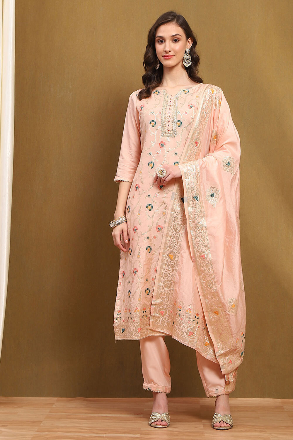 Pink Silk Blend Woven Floral Unstitched Suit Set image number 1