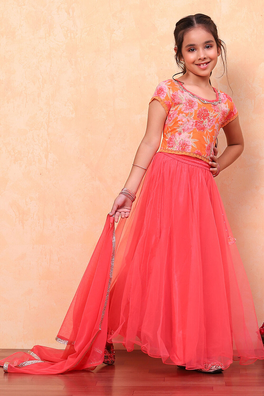 Orange and Pink Floral Festive Flared Lehenga Set image number 0
