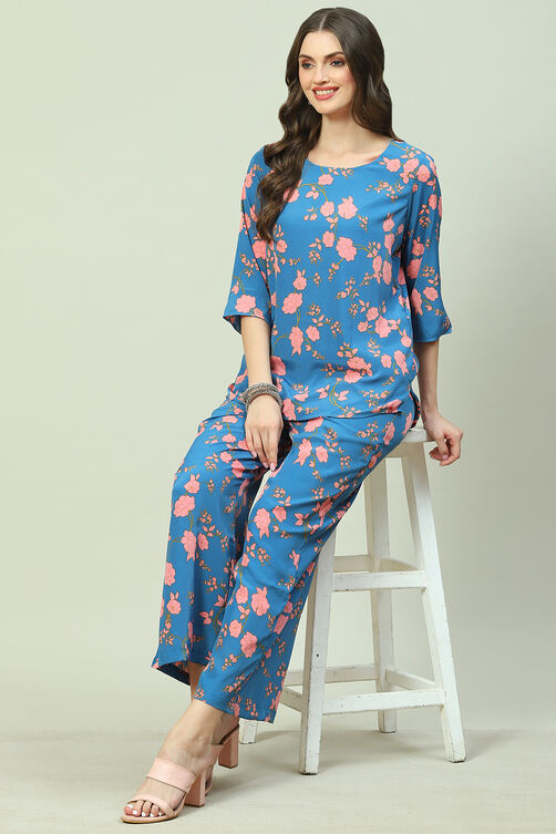 Blue Printed Straight Kurta Palazzo Suit Set image number 6
